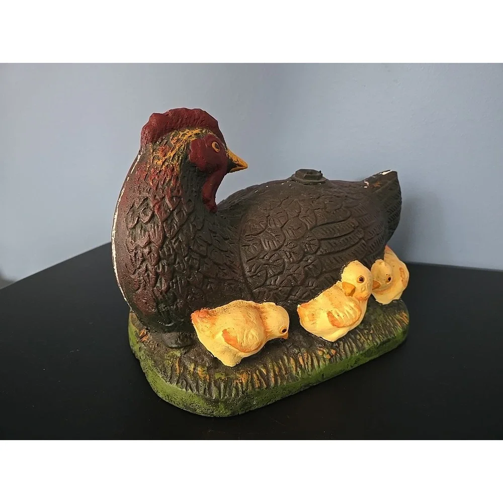 Vintage Cast Iron Painted Chicken Hen & Baby Chicks Metal Doorstop